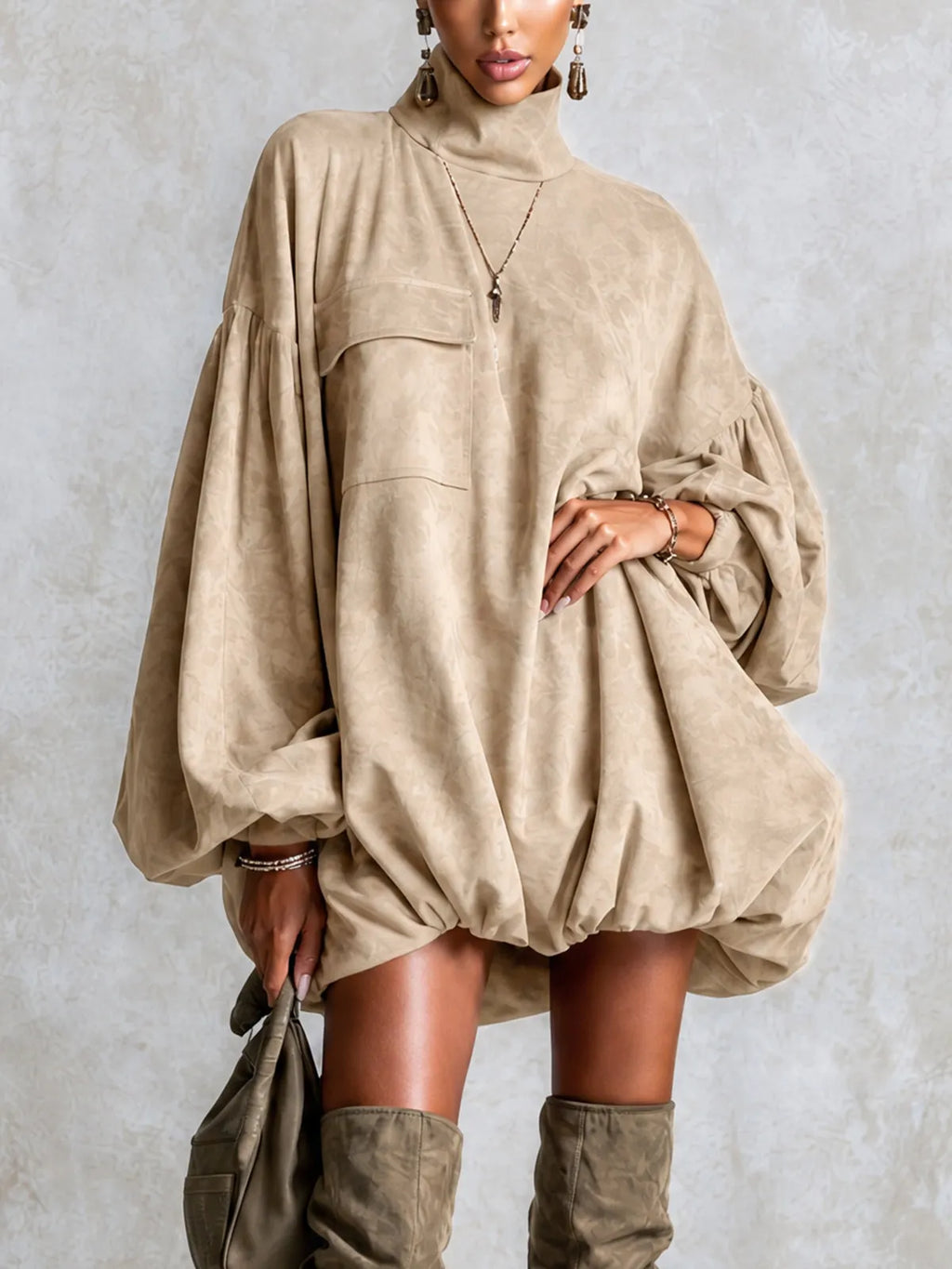Khaki Faux Suede Oversized Mini Dress