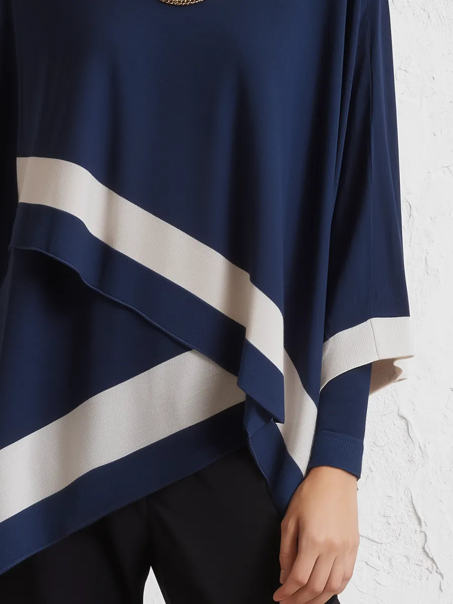 Elegant Navy Colorblock Asymmetric Tunic Top