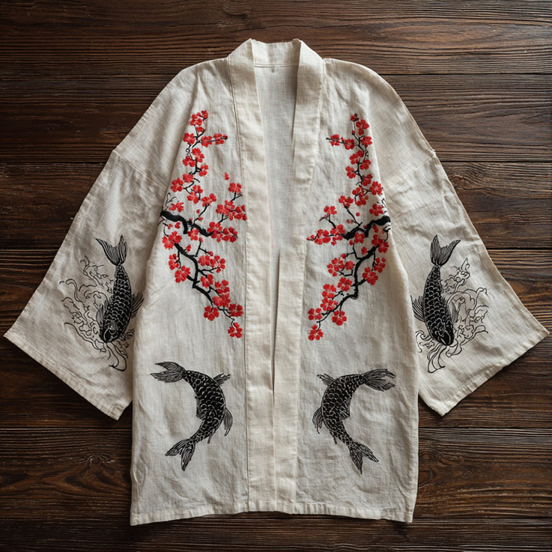 Men's Vintage Koi And Plum Blossoms Japanese Art Linen Blend Kimono Cardigan