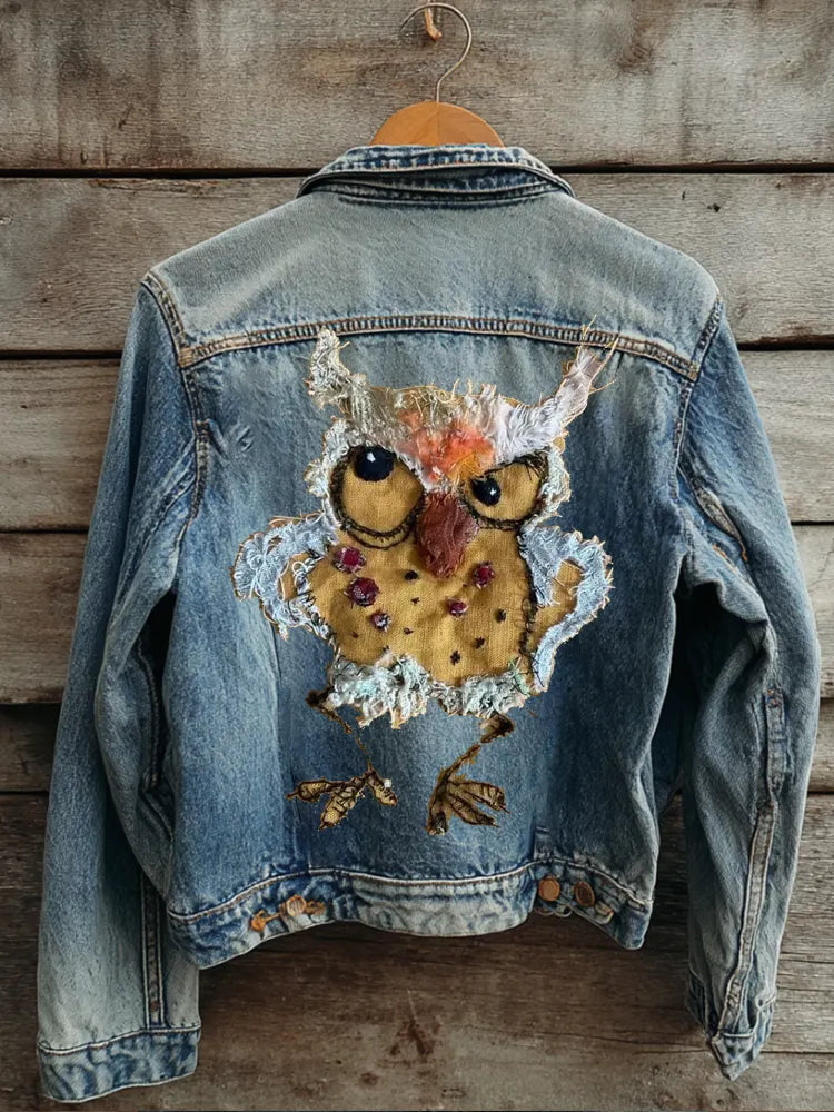 Quirky Owl Patch Vintage Denim Jacket