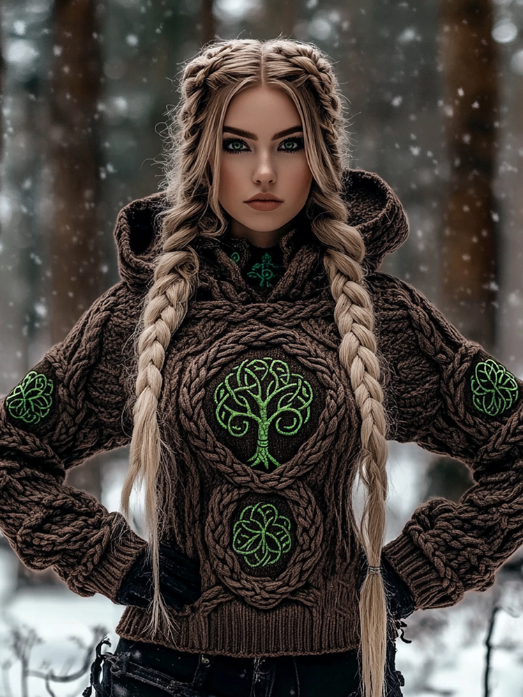 Vintage Viking Green Tree Of Life Mystical Heavy Hooded Sweater
