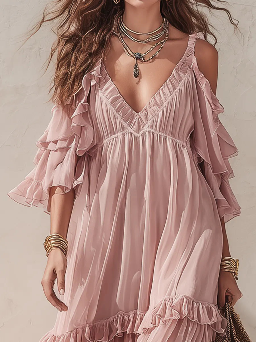 Romantic Blush Tiered Ruffle Maxi Dress
