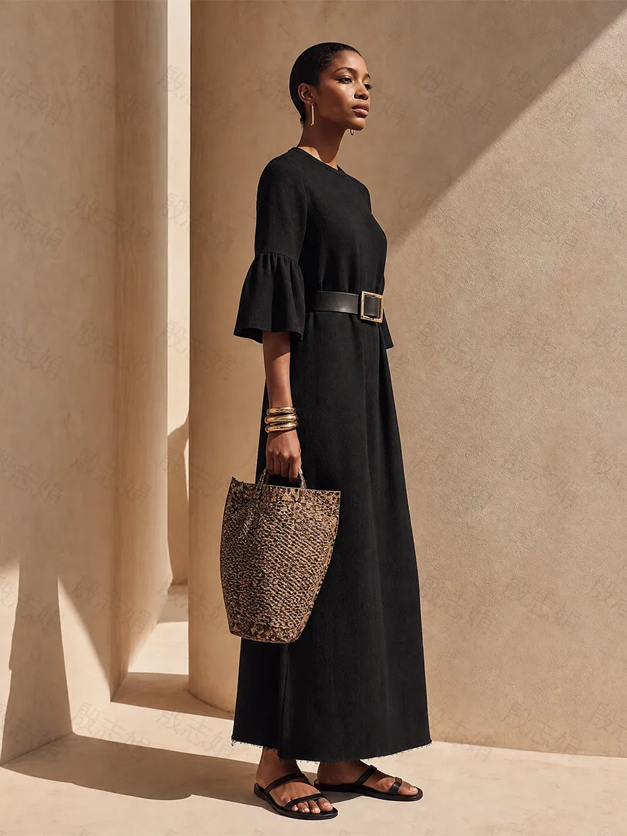 Women’s Black Crew Neck Flare Half Sleeve Raw Frayed Hem Midi Maxi Dress With Side Pockets MDZ0263G4YZJ