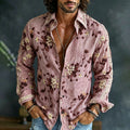Men's Vintage Summer Floral Embroidered Art Print Flowy Linen Blend Shirt