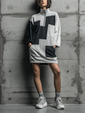 Women's Black Gray Color Block Scuba Knit Patchwork Half Zip Stand Collar Long Sleeve Side Pocket Oversized Mini Sweatshirt Dress MDZ1742G2YZJ