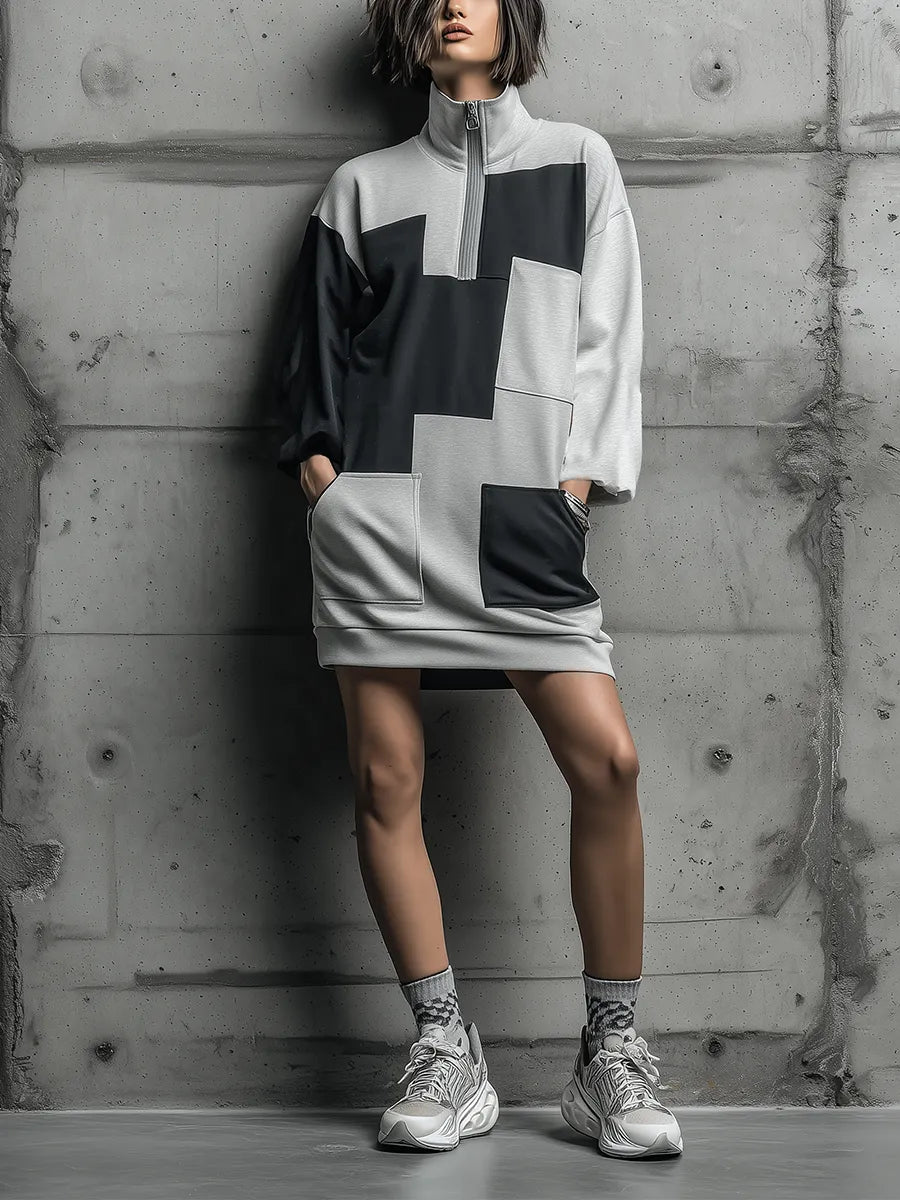 Women's Black Gray Color Block Scuba Knit Patchwork Half Zip Stand Collar Long Sleeve Side Pocket Oversized Mini Sweatshirt Dress MDZ1742G2YZJ