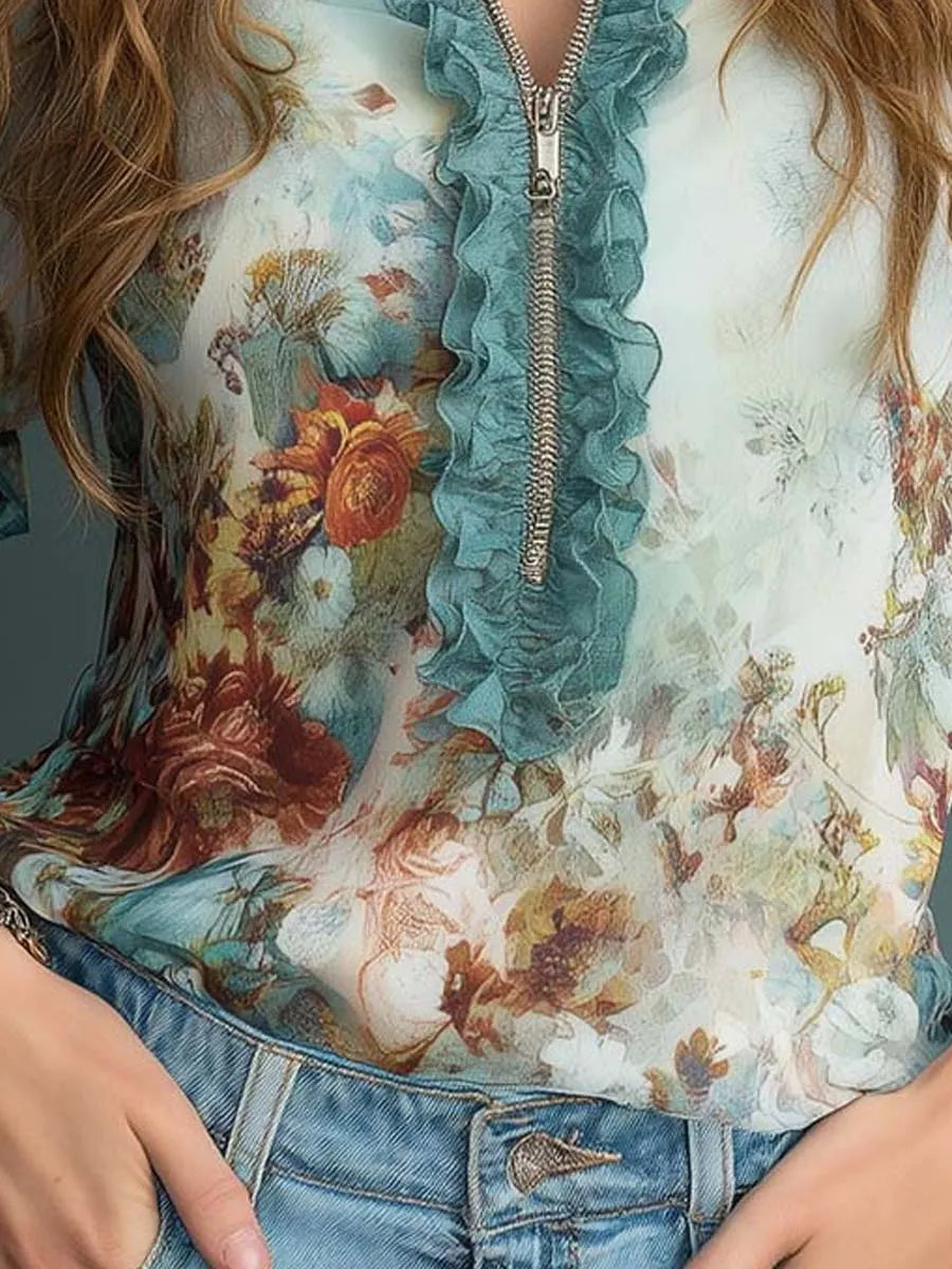 Vintage Floral Print Ruffled Chiffon Blouse