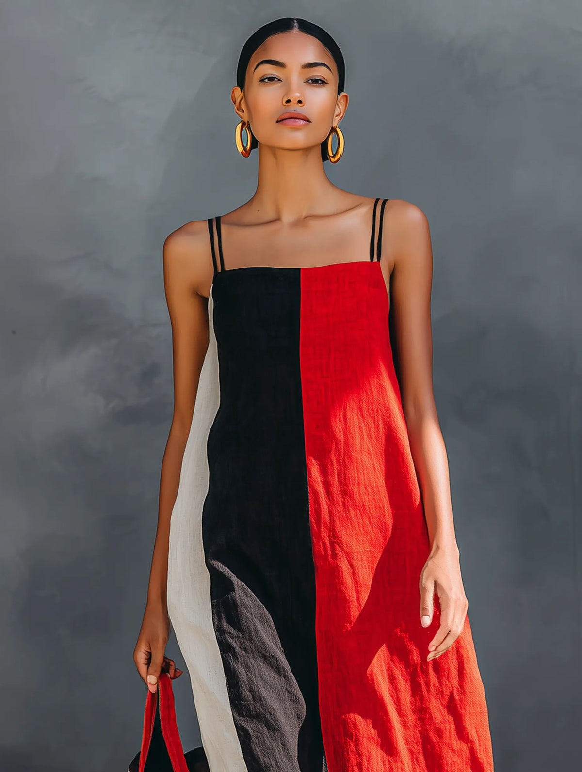 Women's Minimalist Color-Block Linen-Blend Maxi Dress With Square Neck And Spaghetti Straps MDZ2974D6Y
