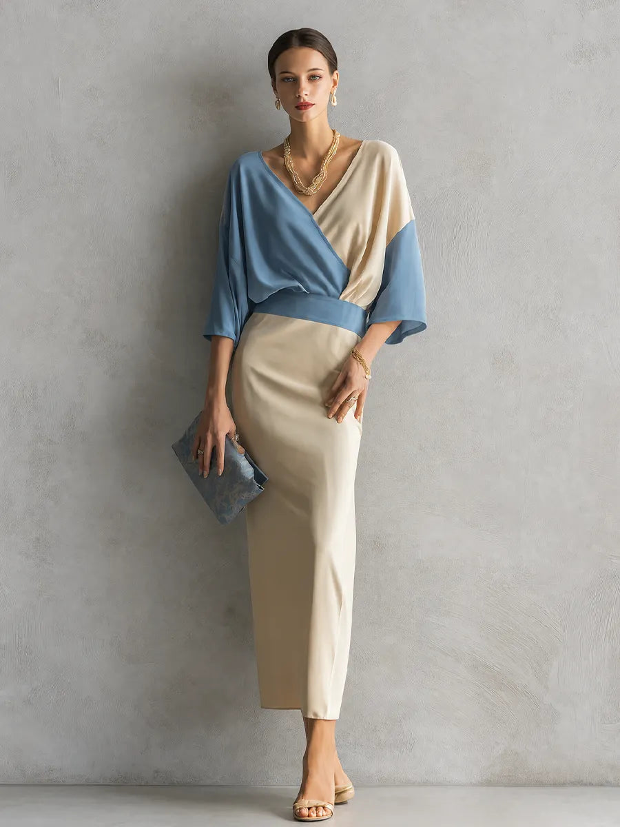 Women's Minimalist Premium Off White And Light Blue Cotton Blend V Neck Contrast Color Fitted Long Skirt Outfit MDZ0221G7GMJ