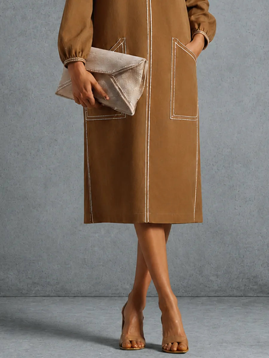 Women's Retro Commuter Caramel Cotton Blend Contrast Stitch Patch Pocket Lantern Sleeve Midi Dress MDZ1339G3GMJ