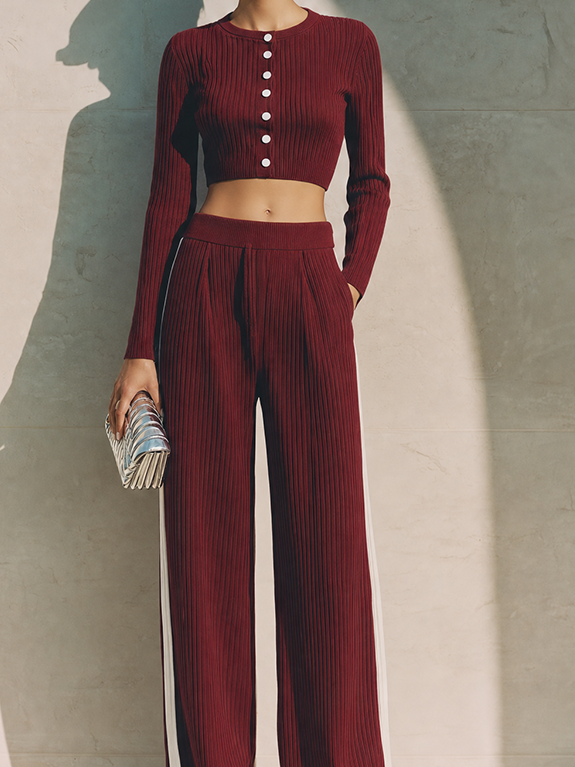 Women's Modern Burgundy Ribbed Knit Round Neck Button-Front Cropped Top And High-Waist Wide-Leg Pants Two-Piece Set MDZ1691G3ZSQ