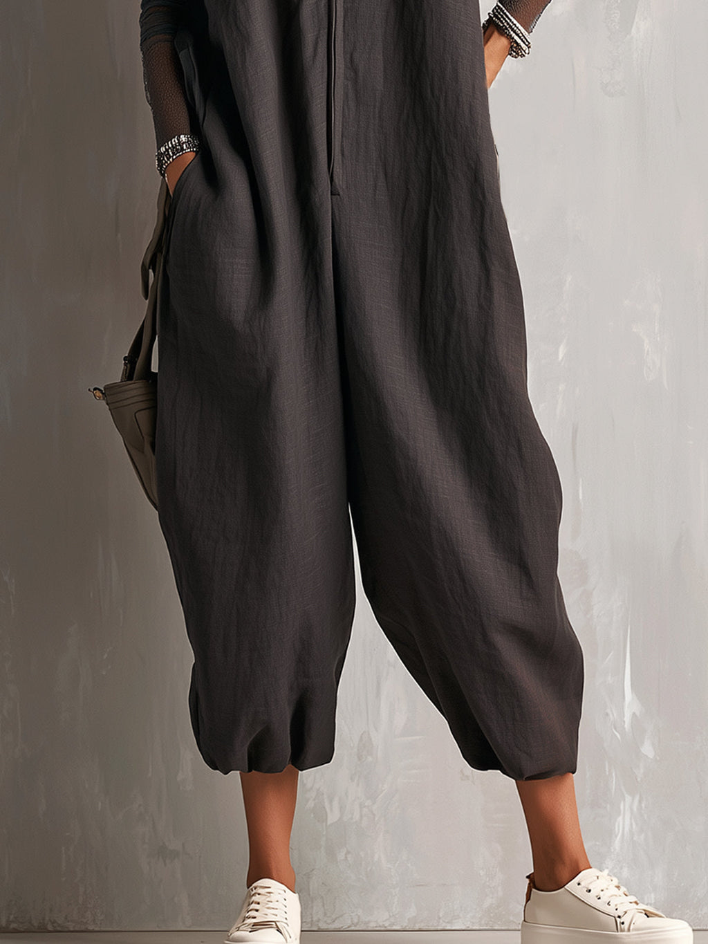 Cold-Shoulder Black Ruffle Trim Harem Jumpsuit