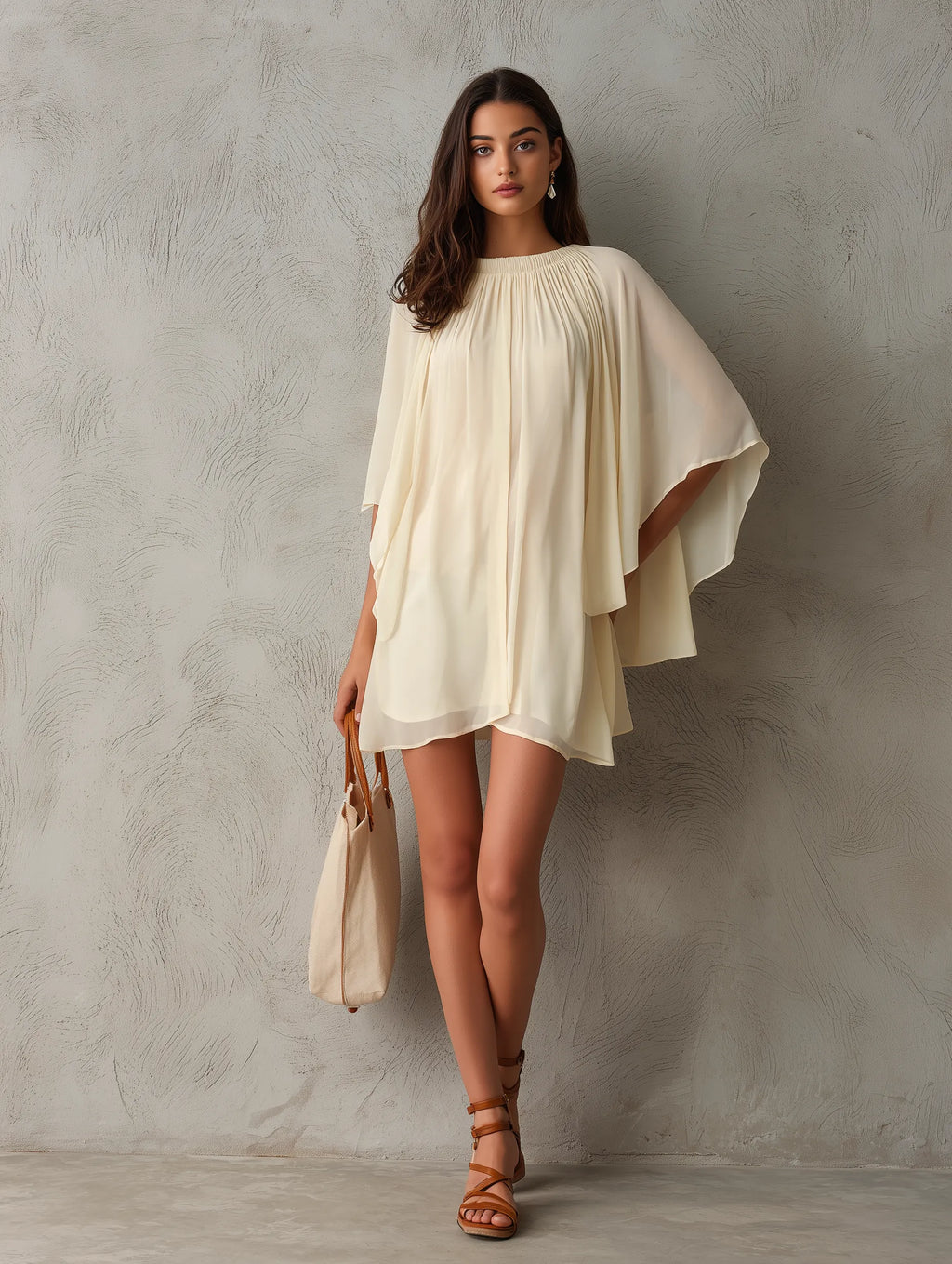 Women's Casual Beige Chiffon Short Dress With Cape Sleeves MDZ0165G8LXY