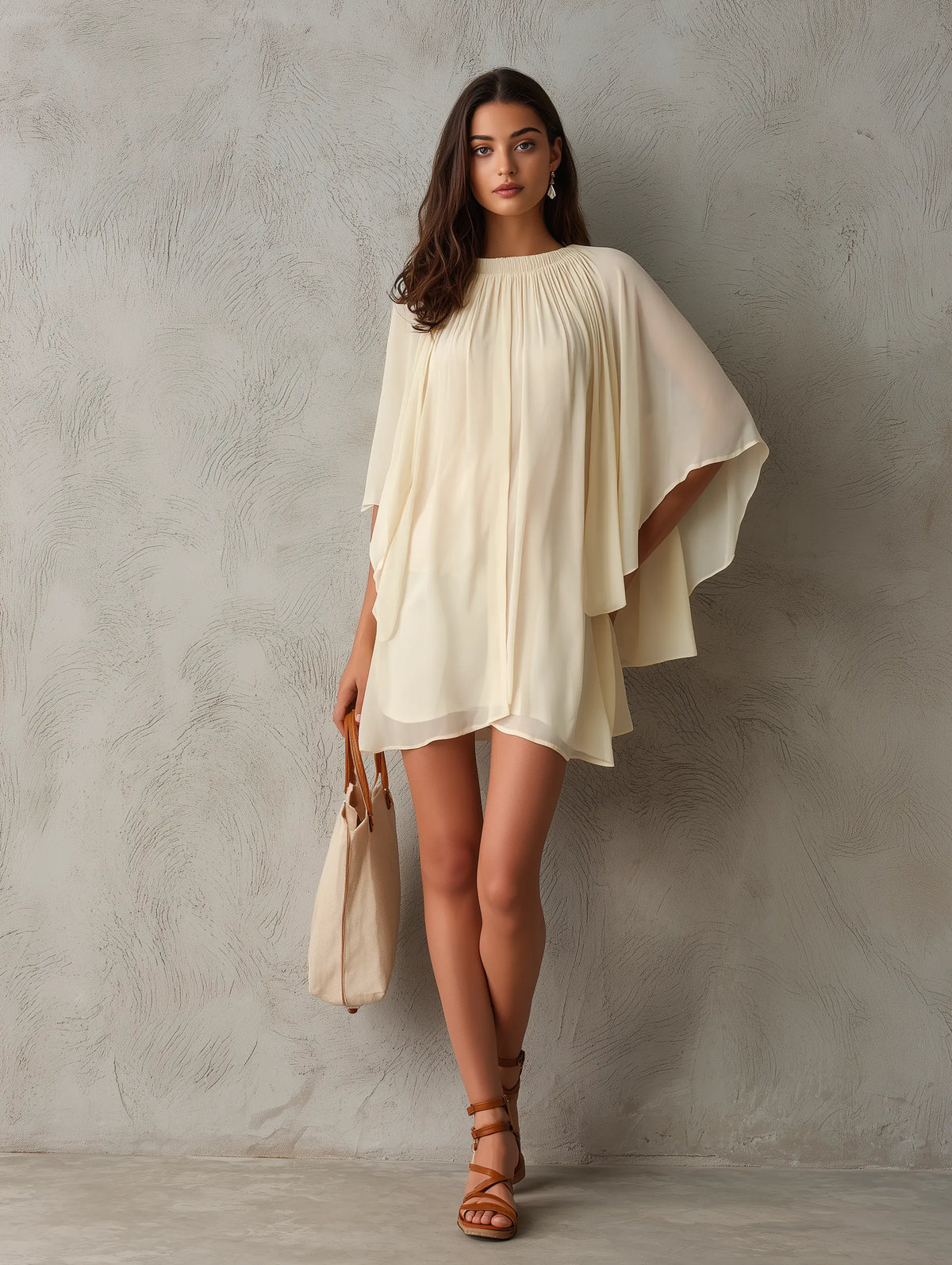 Women's Casual Beige Chiffon Short Dress With Cape Sleeves MDZ0165G8LXY