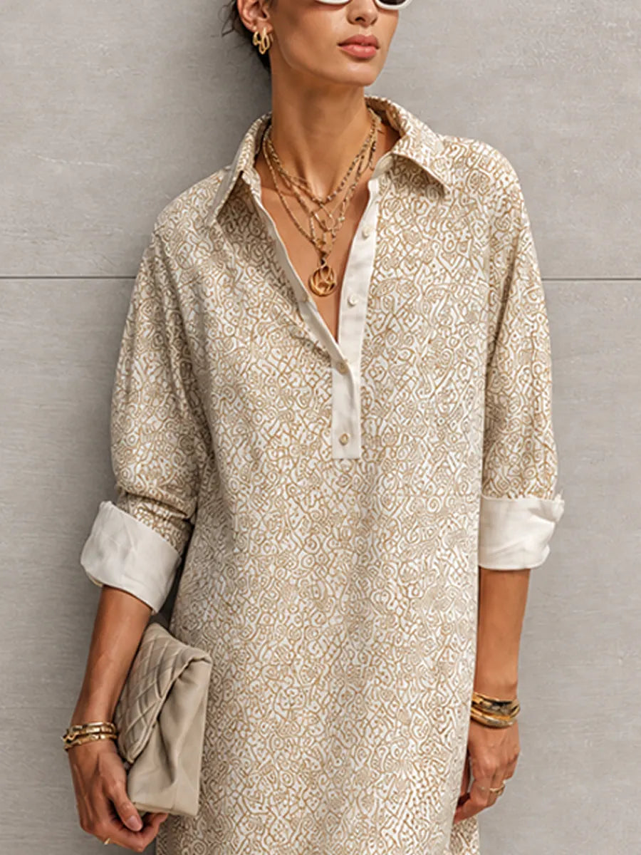 Women's Simple Casual Beige Cotton Blend Geometric Print Collar Three-Quarter Sleeve Loose Mid-Length Shirt Dress MDZ0219G5GMJ