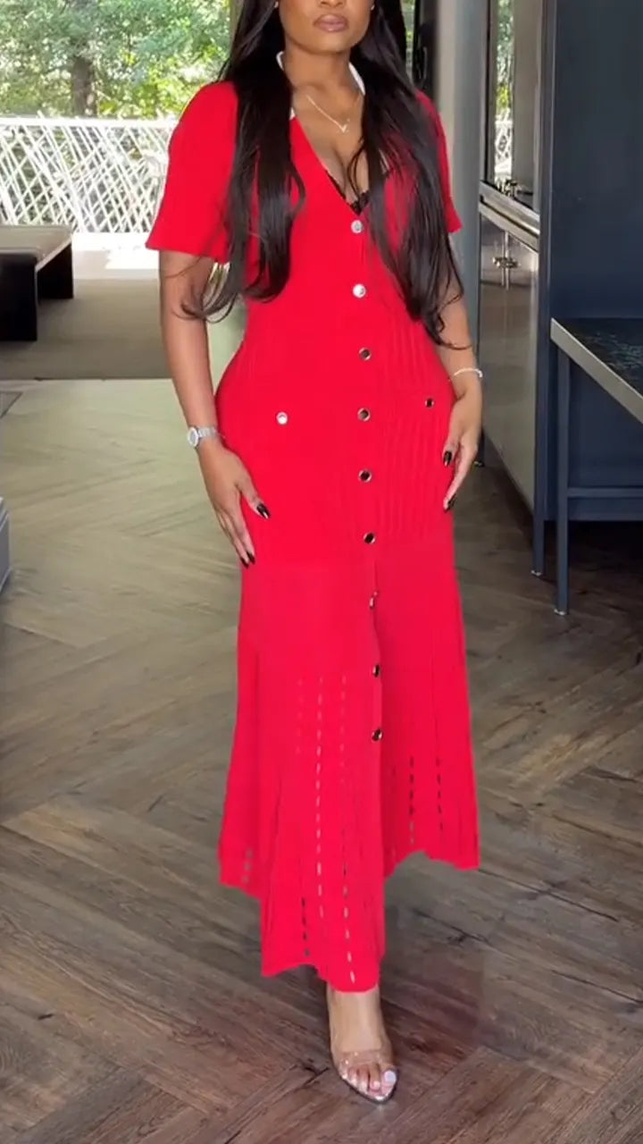 Women Lapel Buckle with Slit Elegant Temperament Dress