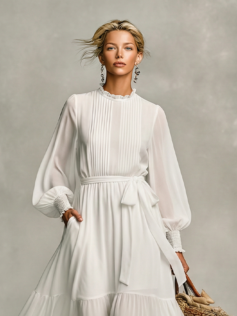 Women's White Chiffon Maxi Dress With Ruffle High Neck Vertical Pleats & Self-Tie Waist Belt, Minimalist Vacation Lantern Sleeve Long Maxi Dress MDZ1605G2LYL
