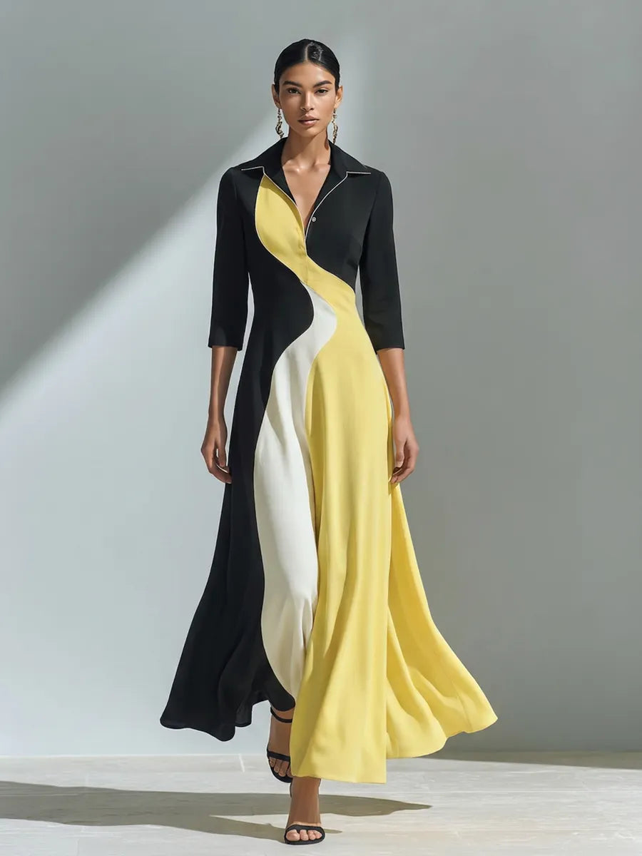 Women's Black Yellow White Cotton-Blend Maxi Dress With Collar Three Quarter Sleeves & Wavy Color Block Panel, Elegant Office Flowy Shirt Maxi Dress MDZ0883G7LYL