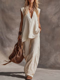 Casual Simple Bohemian V-Neck Off White Cotton-Linen Top And Pants Set