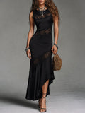 Elegant Lace-Trimmed Satin Sleeveless Fishtail Maxi Dress