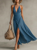 Women's Blue Flowy Dress With Deep V-Neck & Front Slit, Modern Boho-Chic Style Dress MDZ0278C1I
