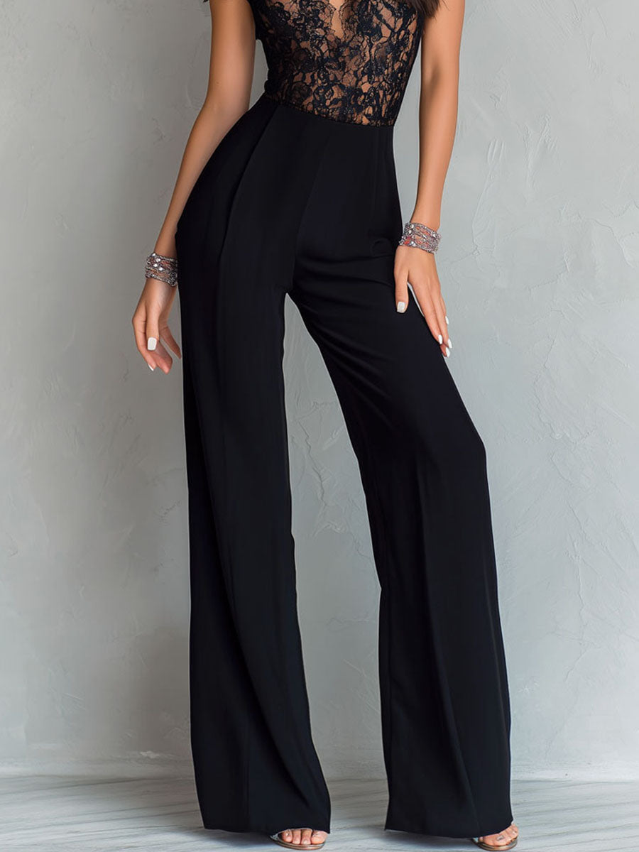 Retro Elegant Black Lace V-Neck Bodice Wide-Leg Jumpsuit