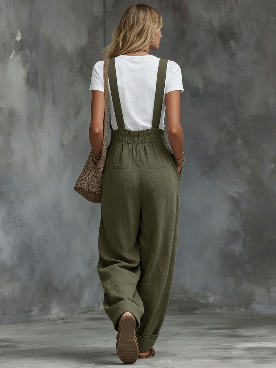 Army Green Adjustable Cotton And Linen Wide-leg Overalls
