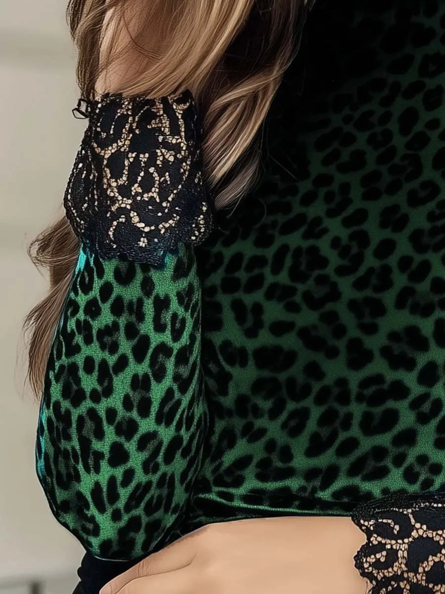 Women's Lace Panel Leopard Printed Velvet Top