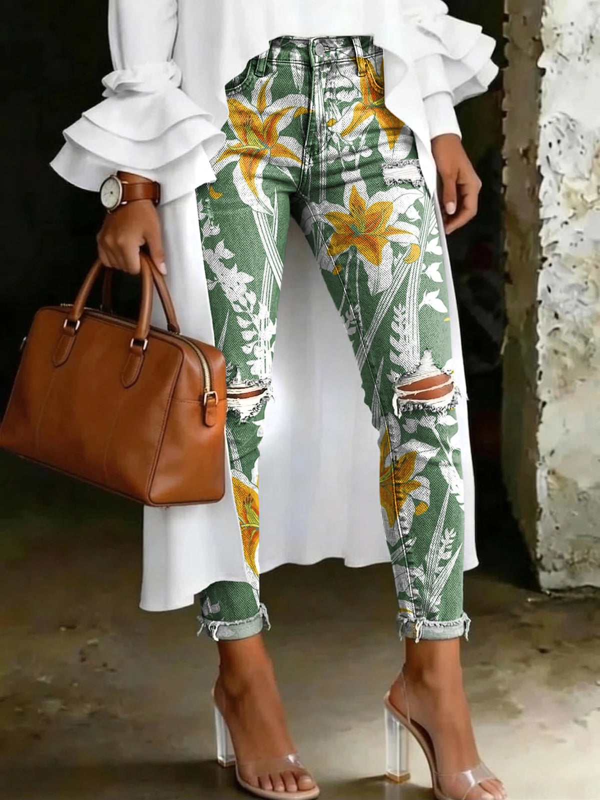 Women's Fashion Retro-style Lily Artistic Print Casual High-waisted Ripped Skinny Jeans