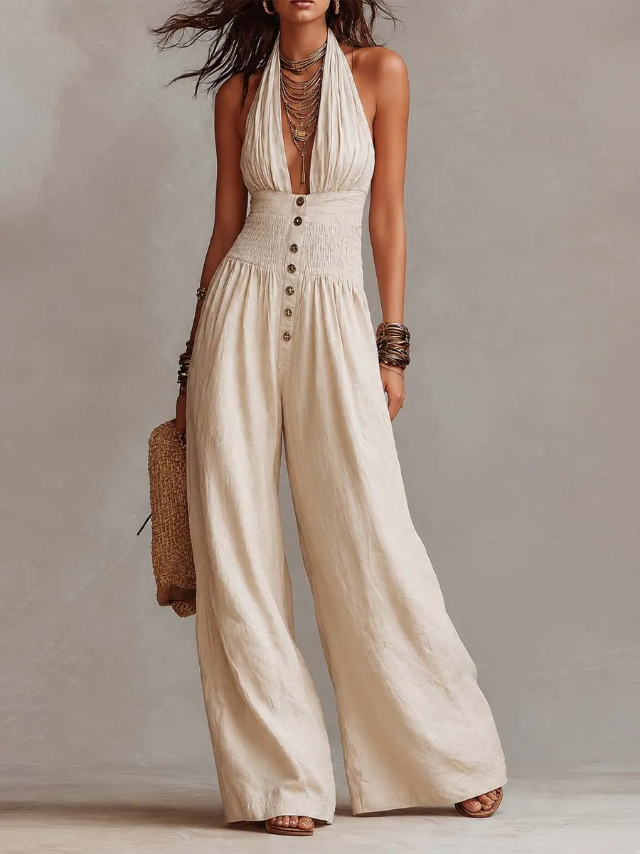 Natural Linen Halter Neck Smocked Waist Wide-Leg Jumpsuit