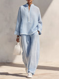 Women's Light‑Blue Linen Fabric Stand‑Collar Half‑Zip Oversized Top & Wide‑Leg Pants Set MDZ1594G5ZRK