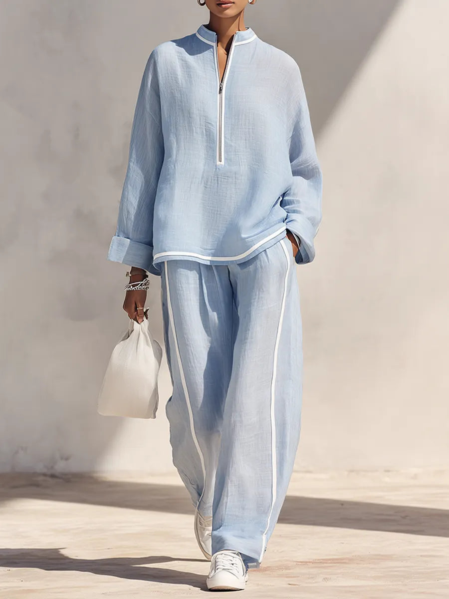 Women's Light‑Blue Linen Fabric Stand‑Collar Half‑Zip Oversized Top & Wide‑Leg Pants Set MDZ1594G5ZRK