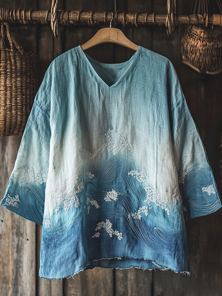 Vintage Waves Inspired Embroidery Japanese Art Linen Blend Cozy Tunic