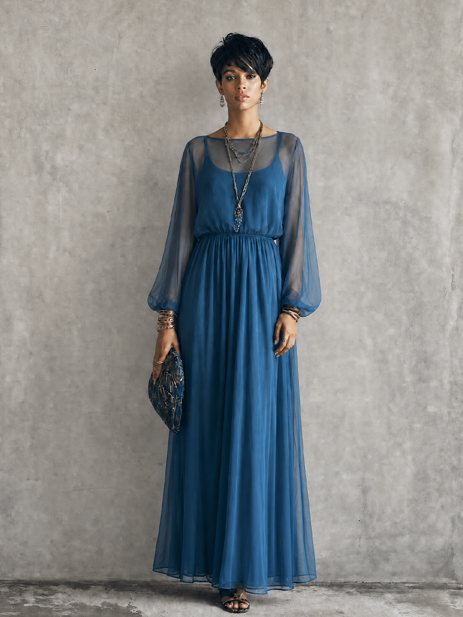Women's Elegant Sapphire Blue Chiffon Sheer Sleeve Smocked Waist Maxi Dress MDZ2217G3GMJ