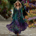 Women's Vintage Purple Rose Gradient Art Long Sleeve Dress