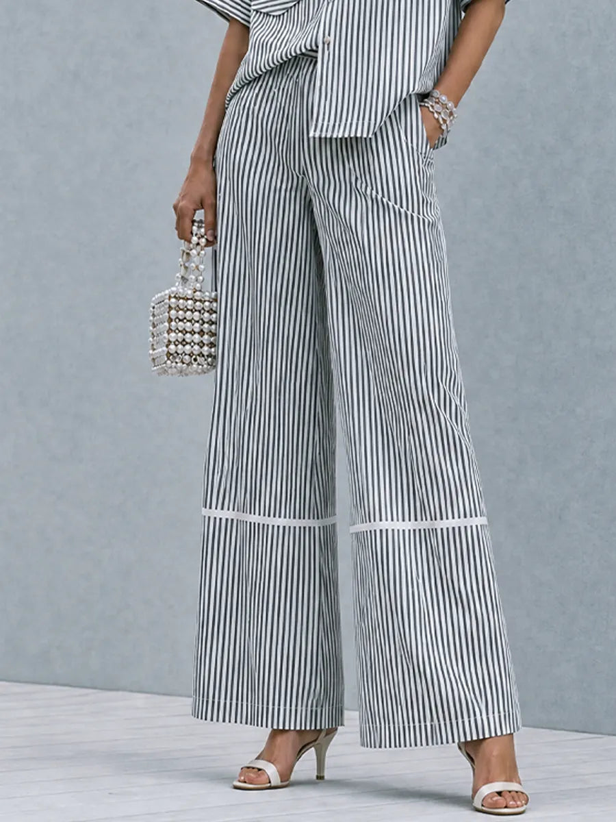 Women's Commuter Casual Black And White Vertical Stripe Cotton Blend Lapel Patch Pocket Wide Leg Trousers Two Piece Set MDZ0902G5GMJ