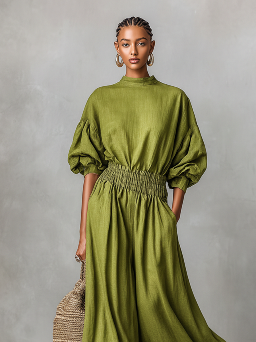 Women's Green Linen Dress With High Neck & Ruched Waist, Timeless Minimalist-Elegant Style Dress MDZ2830B5I