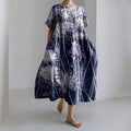 Women's Japanese Chrysanthemum Art Short Sleeve Midi Dress