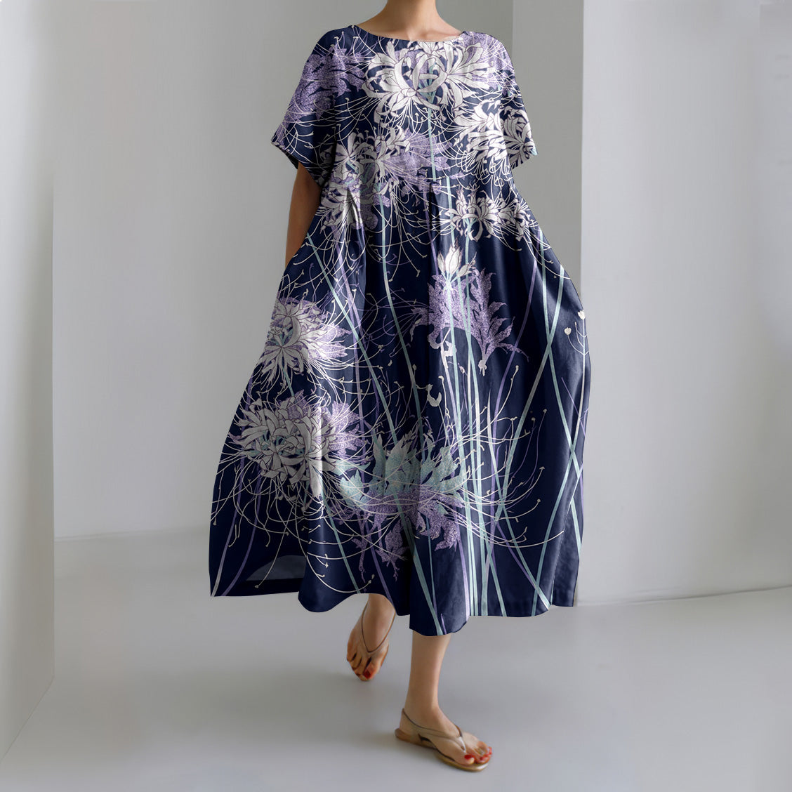 Women's Japanese Chrysanthemum Art Short Sleeve Midi Dress