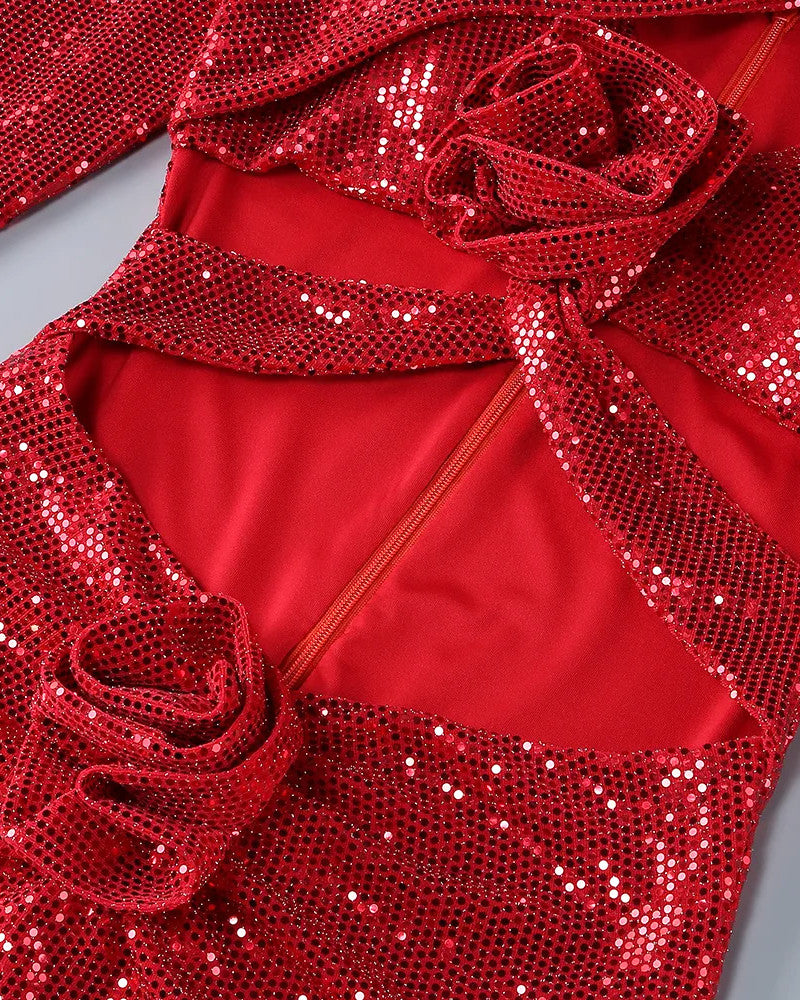 Long Sleeve Sequin Flower Maxi Dress Red