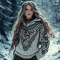 Women's Viking Runes Jacquard Celtic Knit Hooded Sweater