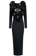 Long Sleeve Floral Detail Maxi Dress Black