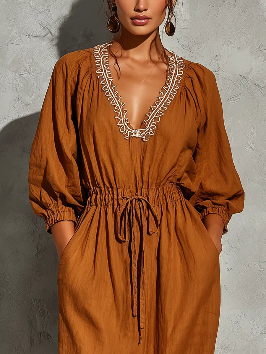 Women’s Rust Linen Blend White Contrast Embroidery V Neck Bubble Cuff Sleeve Drawstring Waist Midi Maxi Dress With Side Pockets MDZ0609G1YZJ