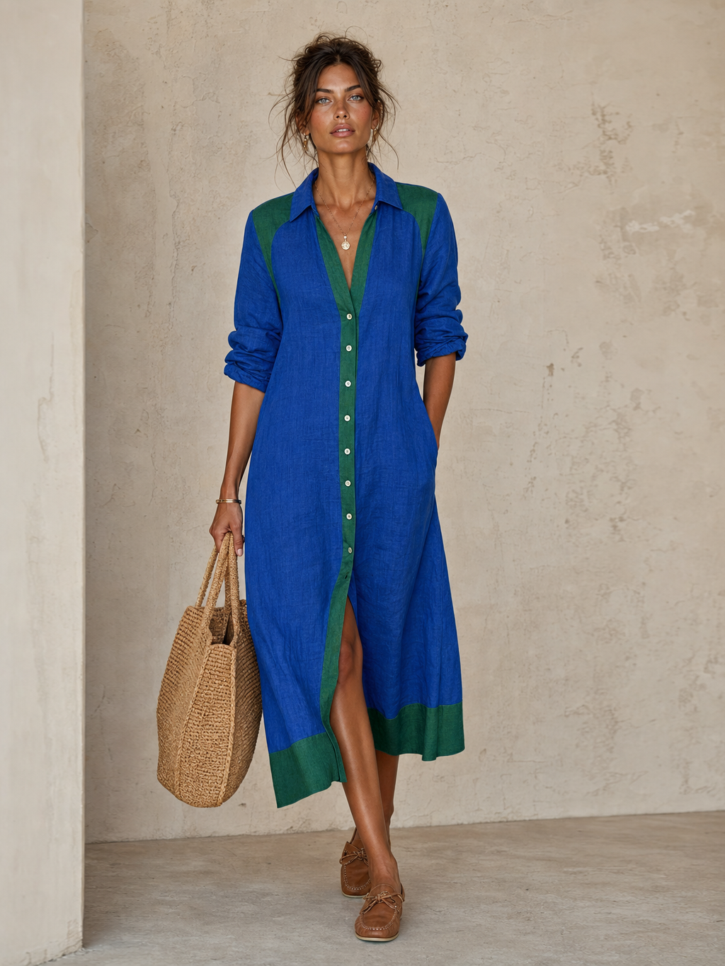 Women's Minimalist Color-Block Single-Breasted Long-Sleeve Midi Shirt Dress MDZ0899G3WY