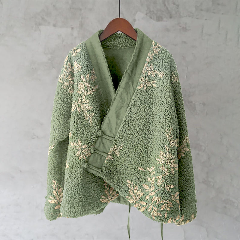 Japanese Art Flower Print Plush Cardigan