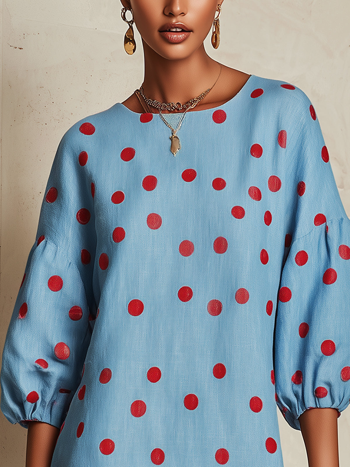 Sky Blue Mini Dress With Red Polka Dots And Puff Sleeves
