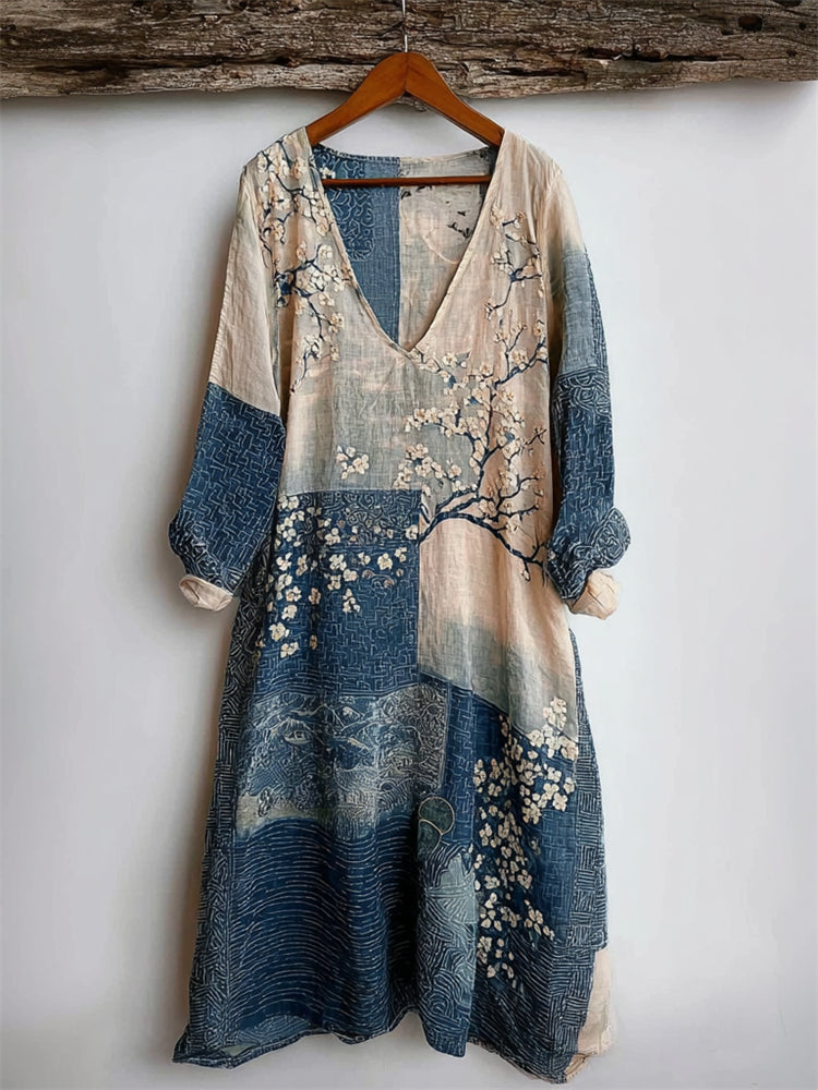 Cherry Blossom Sea Waves Japanese Sashiko Art Linen Mini Dress