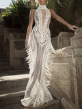 Round-Neck Sleeveless Loose See-Through Tasseled White Wedding Maxi Dress