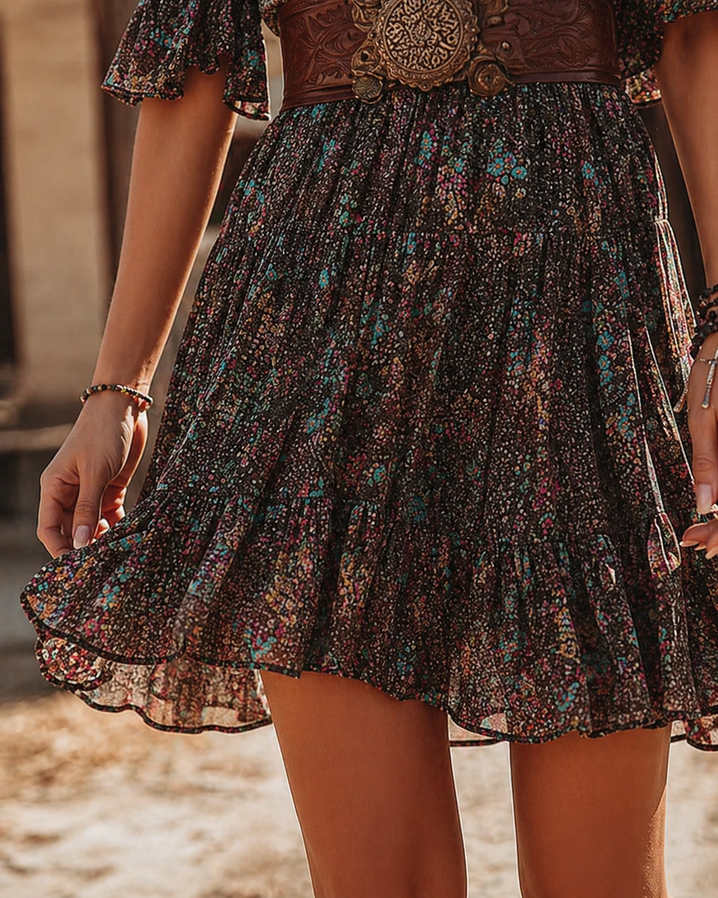 Western Retro Floral Mini Dress with Tiered Ruffles