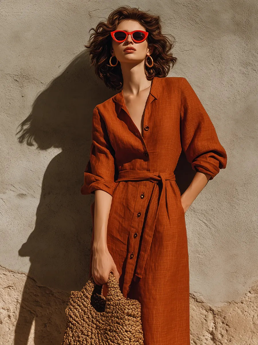Women's Rust Terracotta Textured Linen Maxi Gown With Oversized Relaxed Silhouette & Adjustable Wrap Waist, Minimalist Effortless-Chic Summer Maxi Dress MDZ0642G8LYL